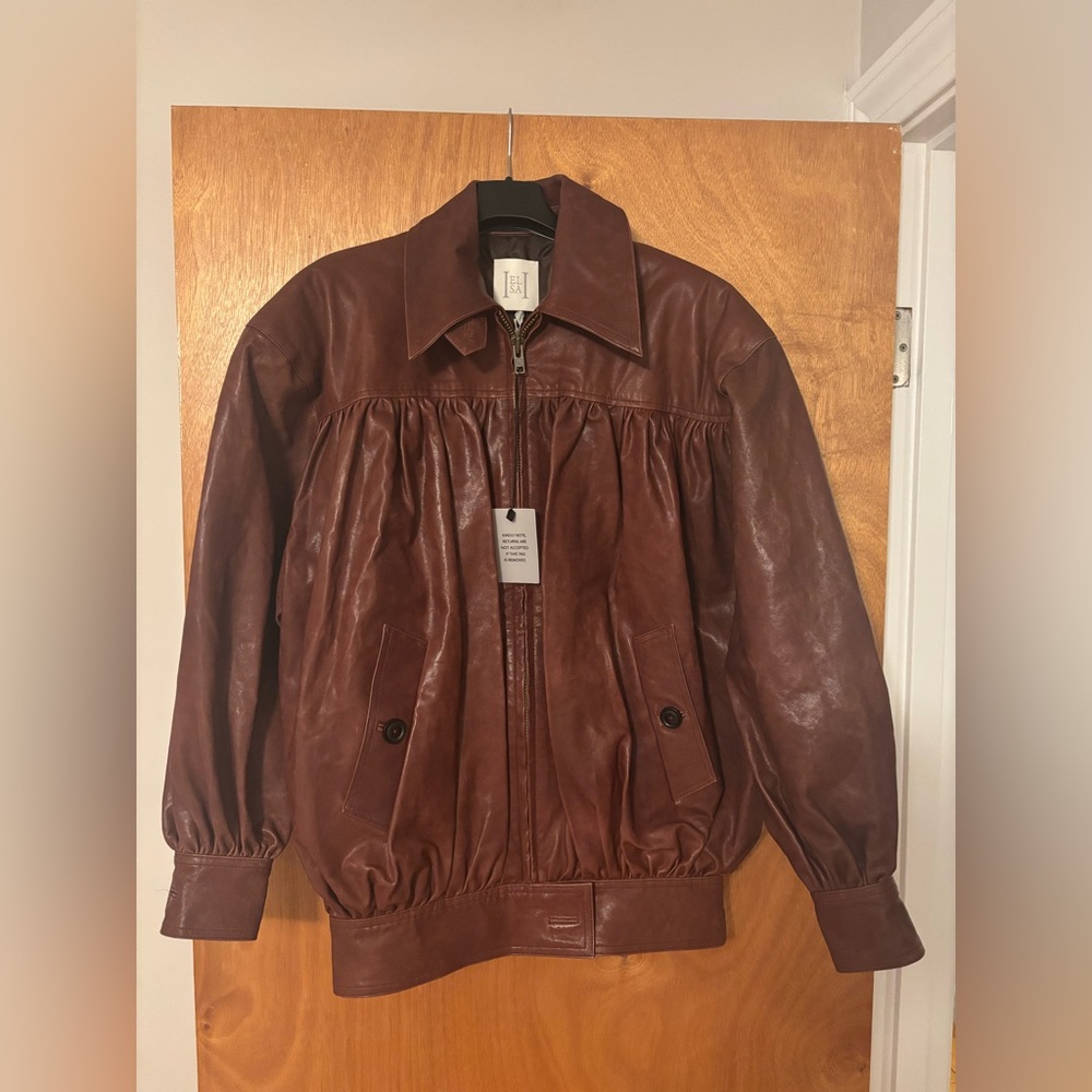 Helsa The Shirred Oversized Leather Jacket in Cognac